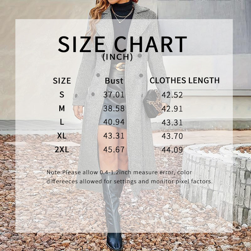 Fall Winter Double Breasted Wool Coat Long Sleeve Notch Lapel Midi Long Trench Coat