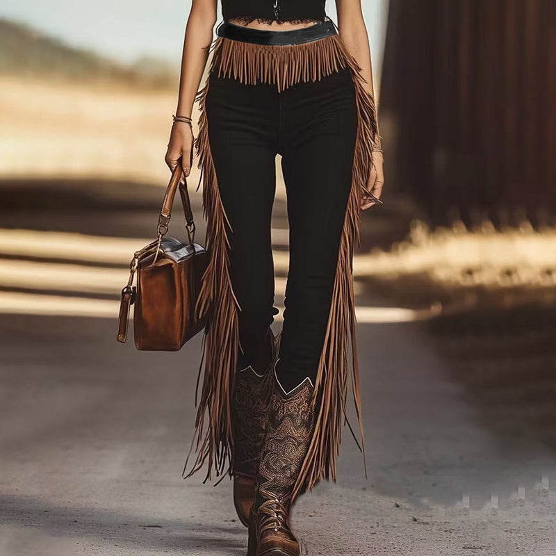 Western Fringe Pants, Solid Color Slim Fit Trousers