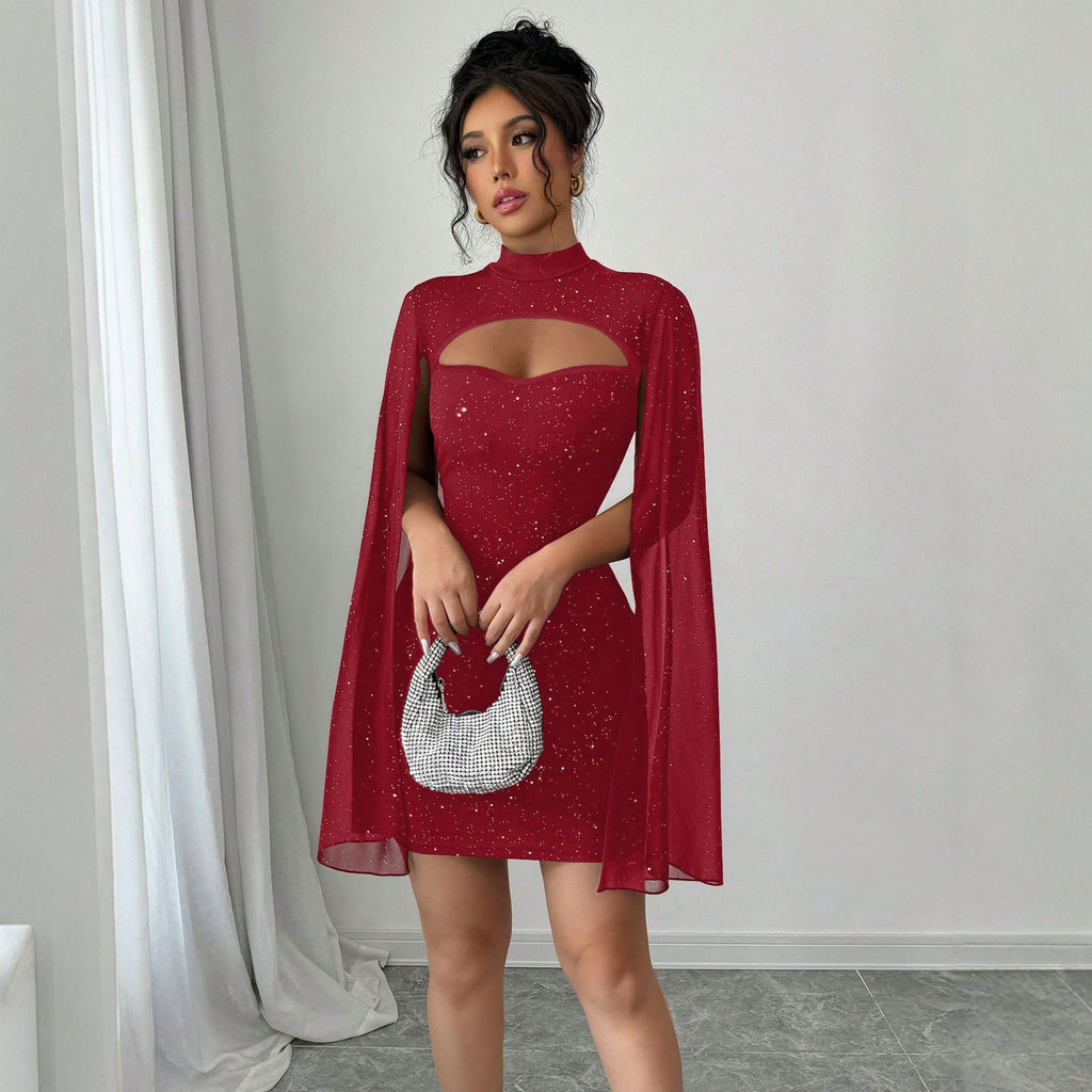 Ribbed Pearl Chiffon Cape Bodycon Dress