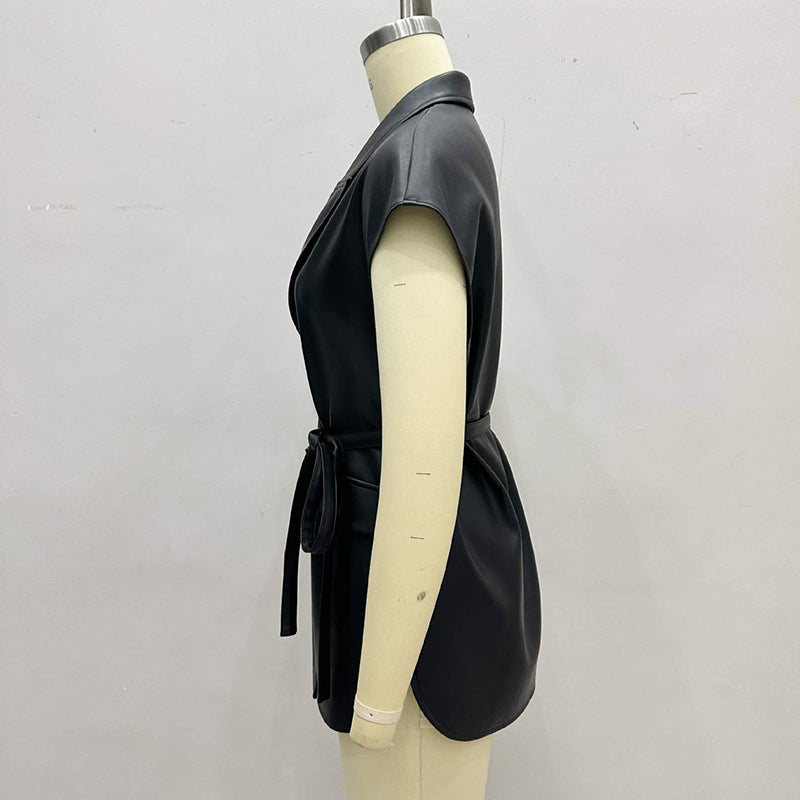 Leather Vest, Lapel Collar Sleeveless Casual Work Jacket With Belt