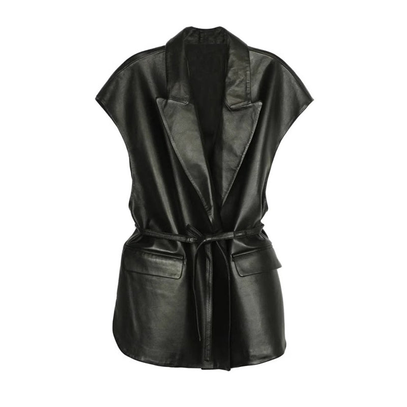 Leather Vest, Lapel Collar Sleeveless Casual Work Jacket With Belt