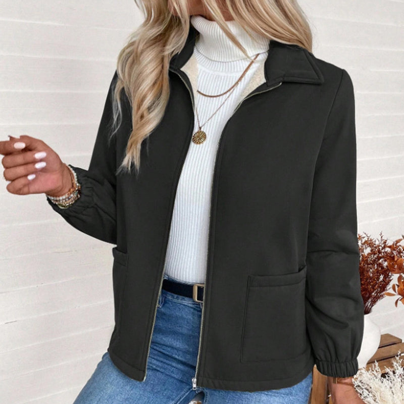 Fleece Jacket, Lapel Collar Cuff Sleeve Zip-Up Coat With Pockets For Casual Winter