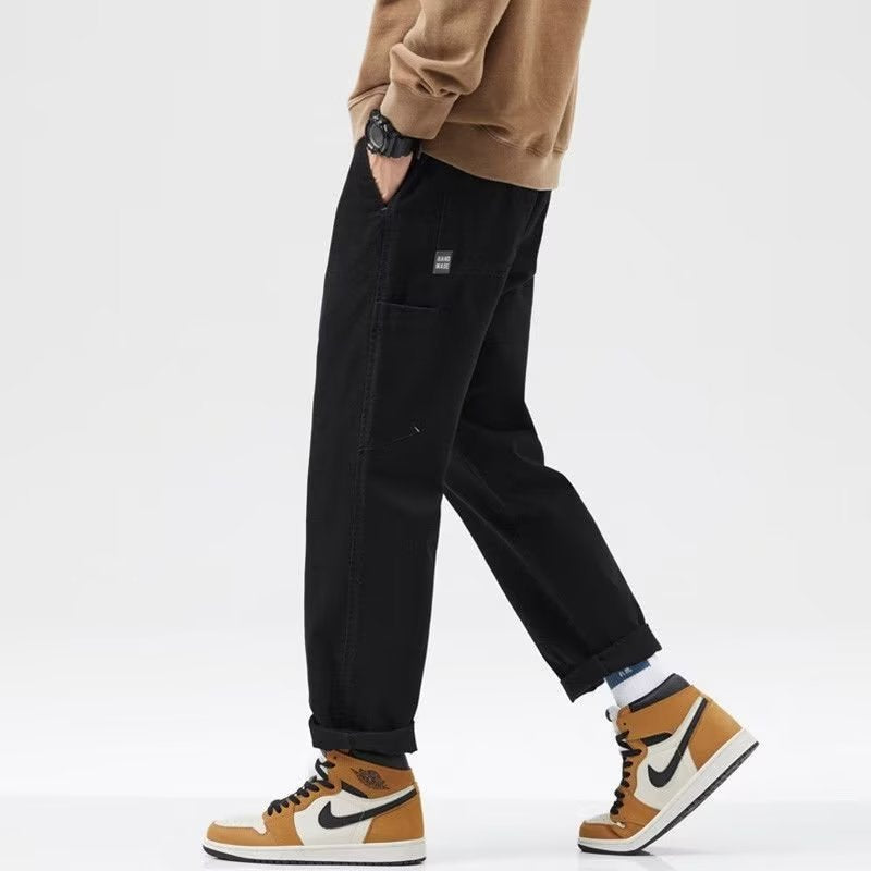 Solid-Color Straight-Leg Mid-Waist Work Pants
