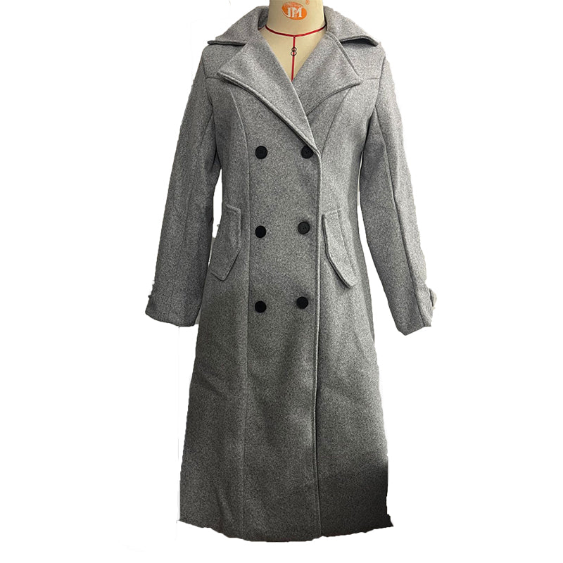 Fall Winter Double Breasted Wool Coat Long Sleeve Notch Lapel Midi Long Trench Coat