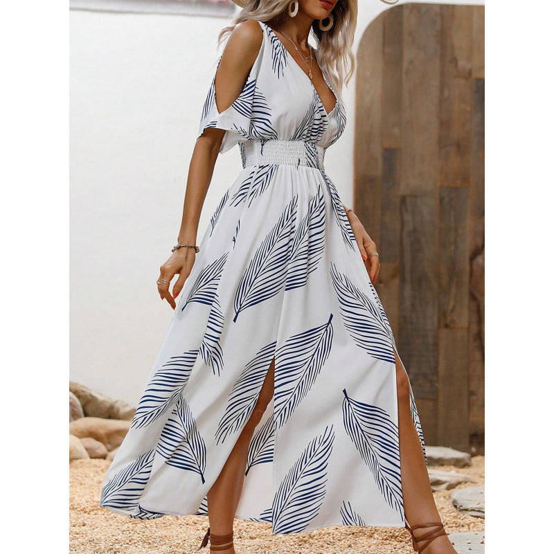 Tropical Floral Print V-neck Split Dress For A Vacation Vibe